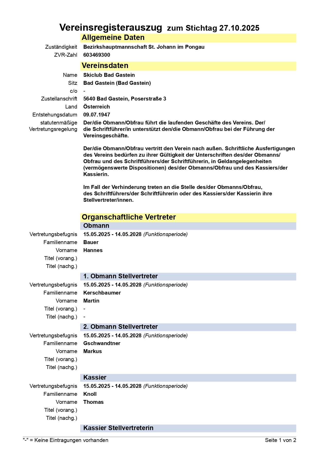 Vereinsregisterauszug Seite 1